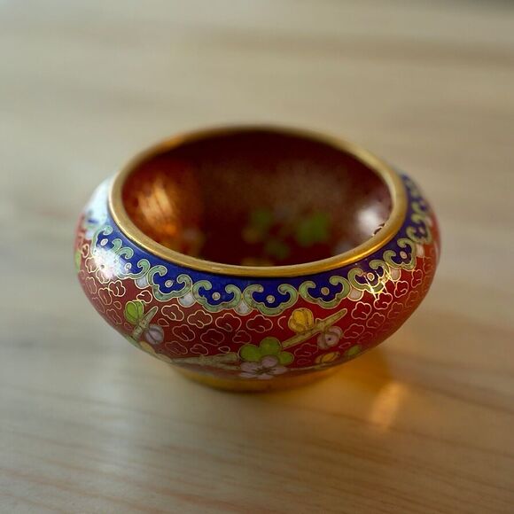 Hand Crafted Vintage Cloisonne Enamel & Brass Bowl w/ detailed Florals & Birds
